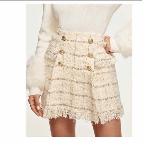 RAMY BROOK Karey Fringe Tweed Miniskirt Sz 4 Ivory Plaid Fringe Preppy - Picture 6 of 10
